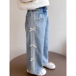 [90-140cm]リボン付き デニム ロングパンツ - Image 4