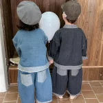 [80-140cm] スタンドカラー 前開き デニム セットアップ - Image 9