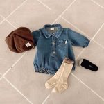 [66-90cm]デニムロンパース カジュアル 定番 折り襟 ベビー服 - Image 7
