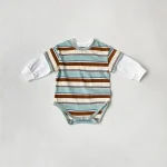 [66-90cm] カラー切り替え 韓国風 ボーダー ロンパース - Image 3