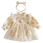 [66-120cm]ロンパース OR ワンピース 肩フリル レース風