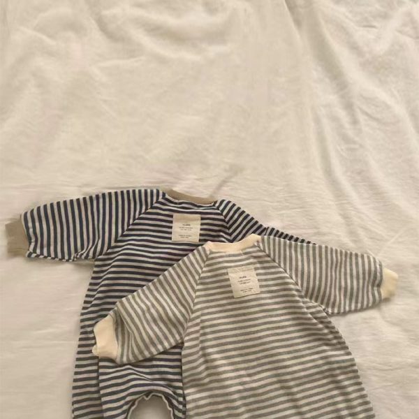 [66-90cm]ロンパース ボーダー柄 クルーネック 着心地良い ベビー服