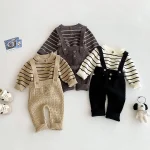 [66-90cm] ボーダー ニットトップス&サロペット 2点セット - Image 2