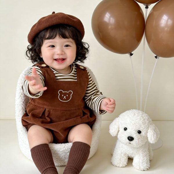 [66-90cm]セットアップ ロンパース&Tシャツ クマ ブラウン 可愛い ベビー服