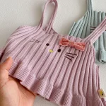 [66-100cm] フリル トップス &ネコ 刺繡 3点セット