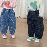 [80-150cm]デニム パンツ ハート柄 カジュアル 履きやすい