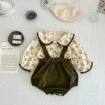 [66-100cm] フリル襟 小花柄 トップス&サロペット ロンパース