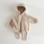 [66-90cm] 韓国風 フード付き フリース ロンパース - Image 3