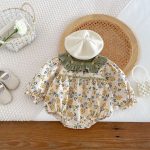 [66-90cm]ロンパース グリーン襟 可愛い 花柄 ロンパース - Image 10