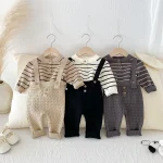 [66-90cm] ボーダー ニットトップス&サロペット 2点セット