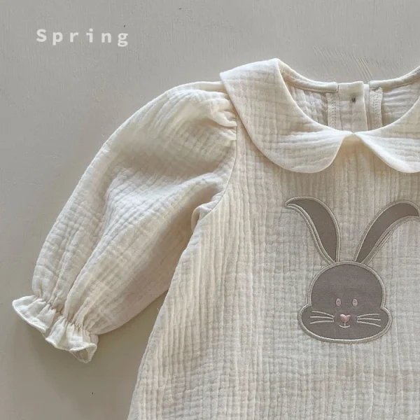 [73-90cm]ロンパース ウサギ柄 リネン オールインワン