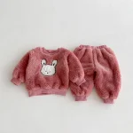 [80-130cm] ノーカラー ウサギor熊柄 ボア セットアップ - Image 3