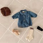 [66-90cm]デニムロンパース カジュアル 定番 折り襟 ベビー服 - Image 3