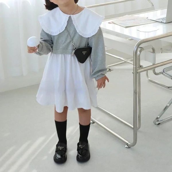 [80-120cm]折り襟 バイカラー 重ね着風 長袖 ワンピース