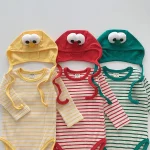 [66-90cm]帽子付き 目デザインボーダー ロンパース - Image 3