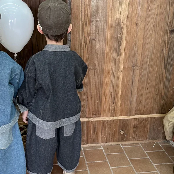 [80-140cm] スタンドカラー 前開き デニム セットアップ