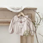 [66-90cm]ロンパース 韓国風 フリル襟 花刺繡 おしゃれ ベビー服