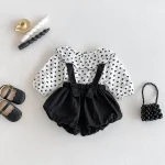 [66-100cm]2点セット フリル襟 ドット シャツ & サロペット - Image 6