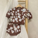 [66-90cm] ミニマリズム 花柄 ニット セーター &ショート パンツ セット
