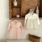 [73-100cm]ロンパース 丸襟 チュール リボン おしゃれ - Image 2