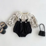 [66-100cm] レース襟 トップス & サロペット ロンパース 2点セット - Image 2