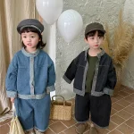 [80-140cm] スタンドカラー 前開き デニム セットアップ - Image 3